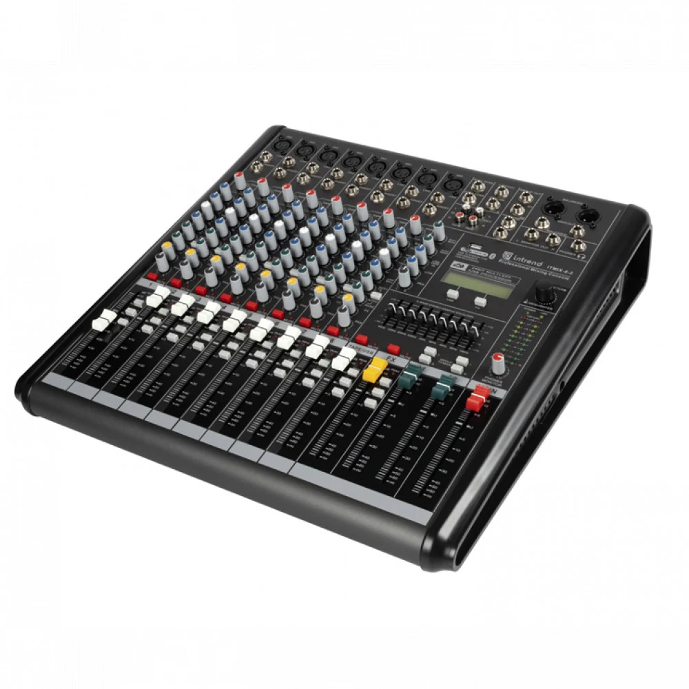 Микшер Intrend [ITMIX-8-2] аналоговый, 12 входов (8 аналоговых, 1 стерео, 2 USB), 2 группы, Bluetooth, USB MP3 плеер, процессор эффектов 24-бит, 9-полосный графический эквалайзер