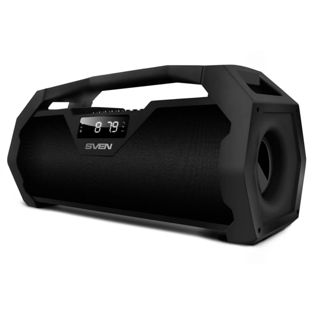SVEN PS-470 2.0 Мобильные колонки чёрные (2x9W, USB, Bluetooth, micro SD, FM-радио, LED дисплей, часы, jack in, литий-ионный aккумулятор 1800 мAч)