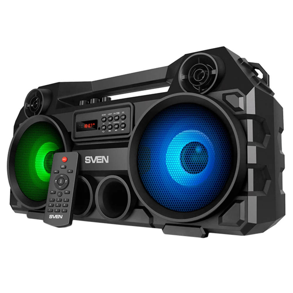 SVEN PS-580 2.0 чёрные Мобильные колонки (2x18W, USB, Bluetooth, micro SD, FM-радио, LED-подсветка, LED-дисплей, ручка, ПДУ, 2 х 2000 мA )