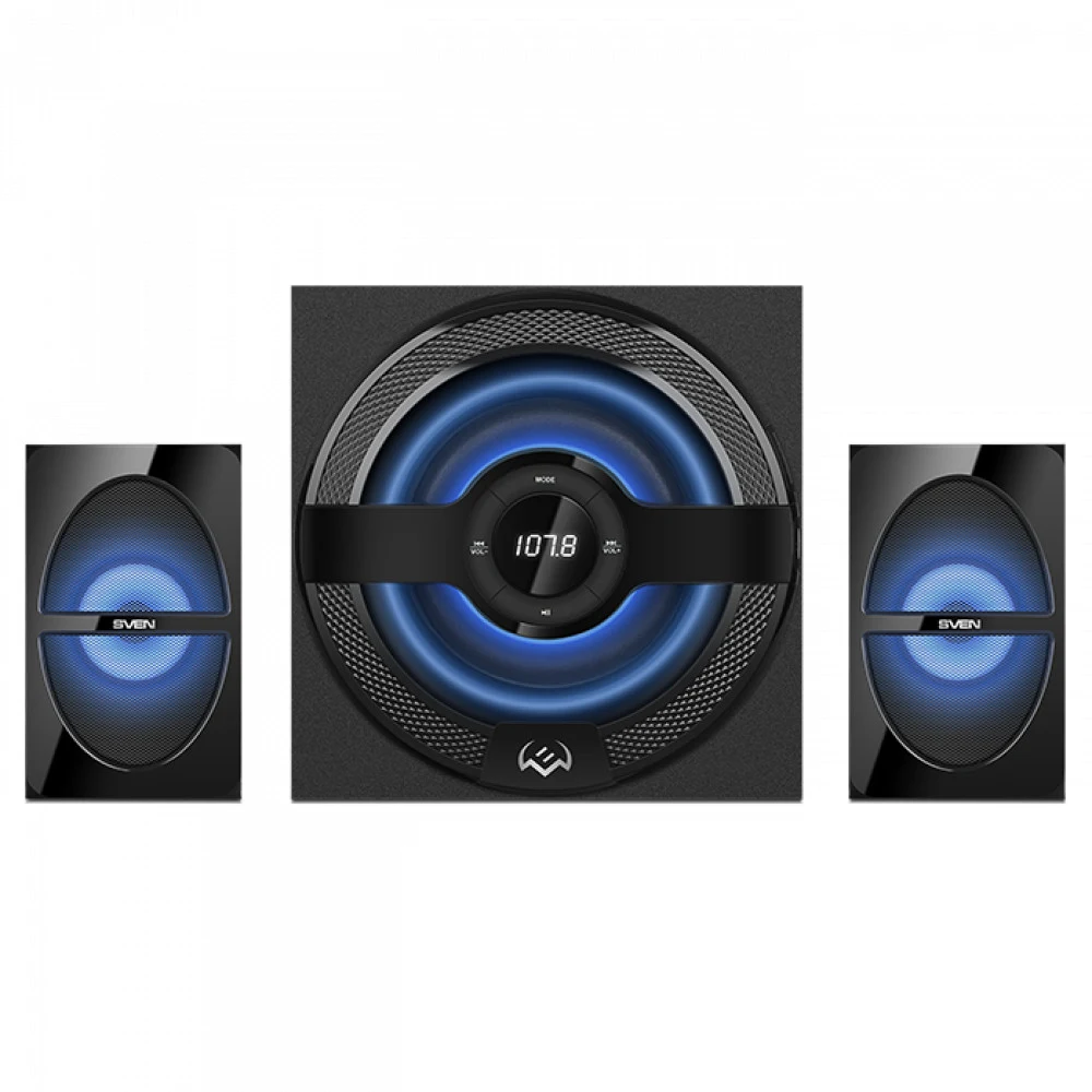 SVEN MS-2085 2.1 Колонки чёрные (30Вт + 2 x 15 Вт, LED дисплей, FM-тюнер, USB/SD, дисплей, пульт ДУ, Bluetooth)