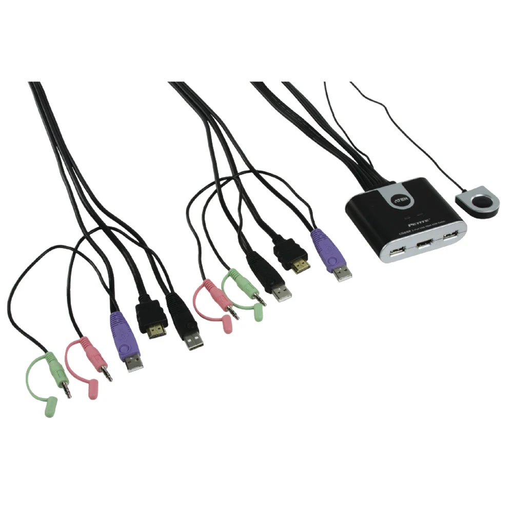 Переключатель KVM ATEN (CS692-AT) KVM+Audio, 1 user USB+HDMI => 2 cpu USB+HDMI, со встр.шнурами USB+Audio 2x1.2м., 1920x1200, настол., исп.стандарт.