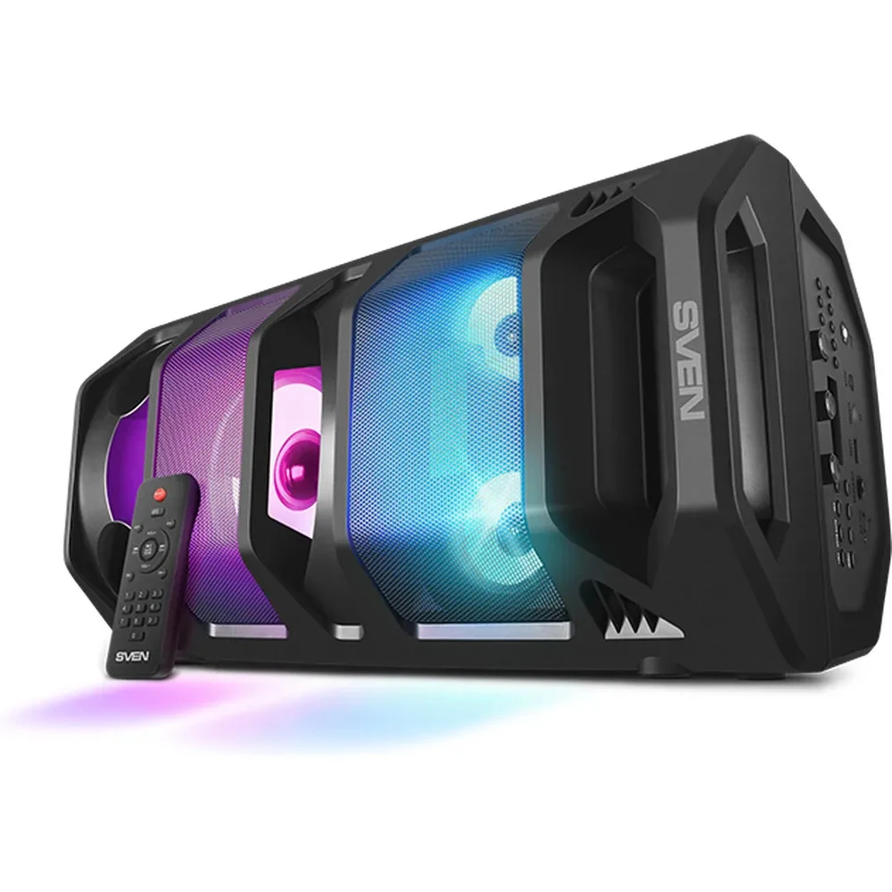Sven PS-670 2.0 Мобильные колонки чёрные (2x32.5W, mini Jack, USB, Bluetooth, FM, micro SD, ПДУ, 2 x 4400 мA, LED подсветка)