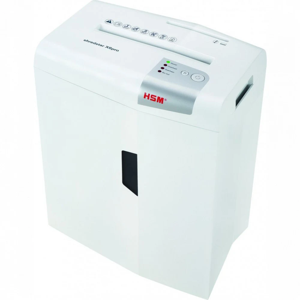 Уничтожитель документов HSM Shredstar X6, 2.0x15 WHITE (перекрестный, P-5, уничтожает 6 листов, корзина 20л, реверс, остановка при заполнении, защита от перегрева, скерпки, скобы, CD, пластиковые ка