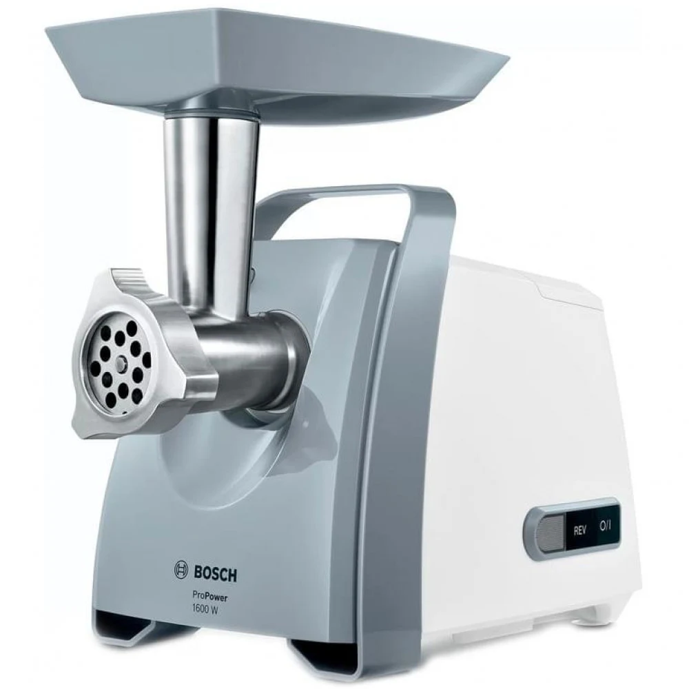 Мясорубка Bosch/ 500/1600Вт, комплект: 2 диска, кебаб, колбаски, цвет: белый/серый фронт