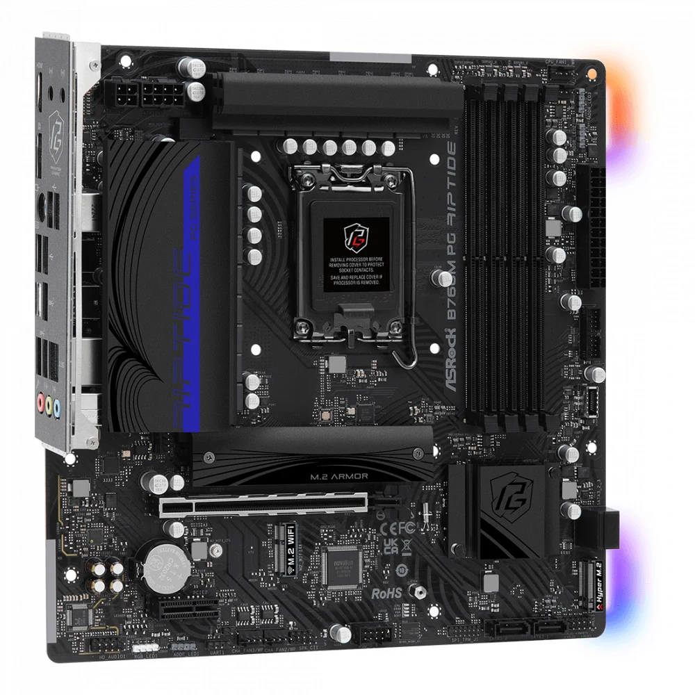 B760M PG RIPTIDE, Socket 1700, Intel®B760, 4xDDR5-4800, HDMI+DP, 1xPCI-Ex16, 1xPCI-Ex1, 4xSATA3(RAID 0/1/5/10), 2xM.2, 8 Ch Audio, 1x2.5GLan, (4+2)xUSB2.0, (3+2)xUSB3.2, (1+1)xUSB3.2 Type-C™, mATX,