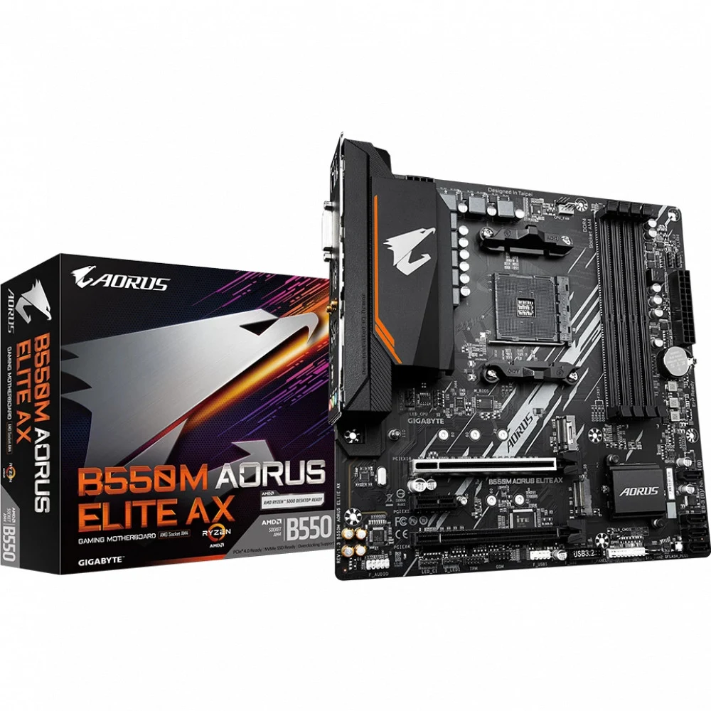 Матплата Gigabyte B550M Aorus Elite AX, AM4, mATX, 4DDR-5, 2xPCI-Ex16, 4SATA, 2xM.2,DVI-D,HDMI,12USB