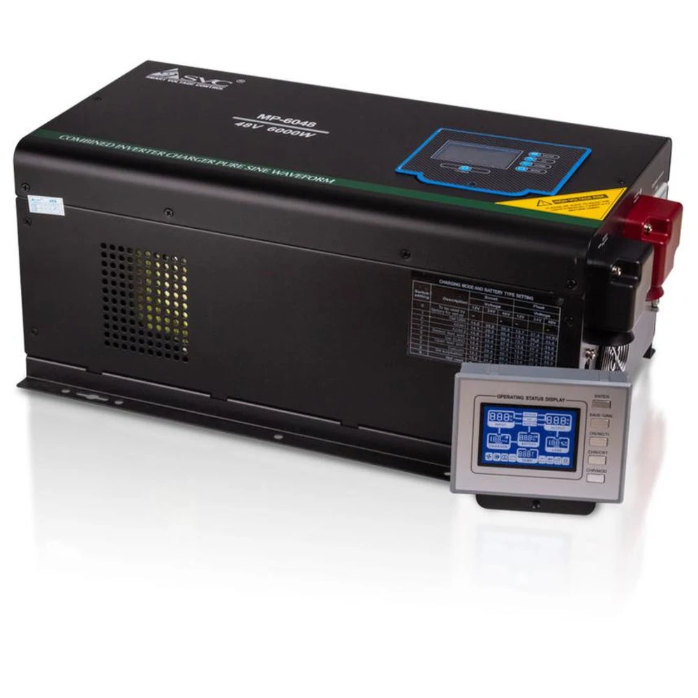Инвертор SVC MP-6048 Инвертор, SVC, MP-6048, Мощность 6000ВА/6000Вт, Рабочее напряжение: 185-265B, Вход 48В/220В, Выход 220В/230В, Чистая синусоида, Зарядный ток 45 А, Время переключения режимов 4-6