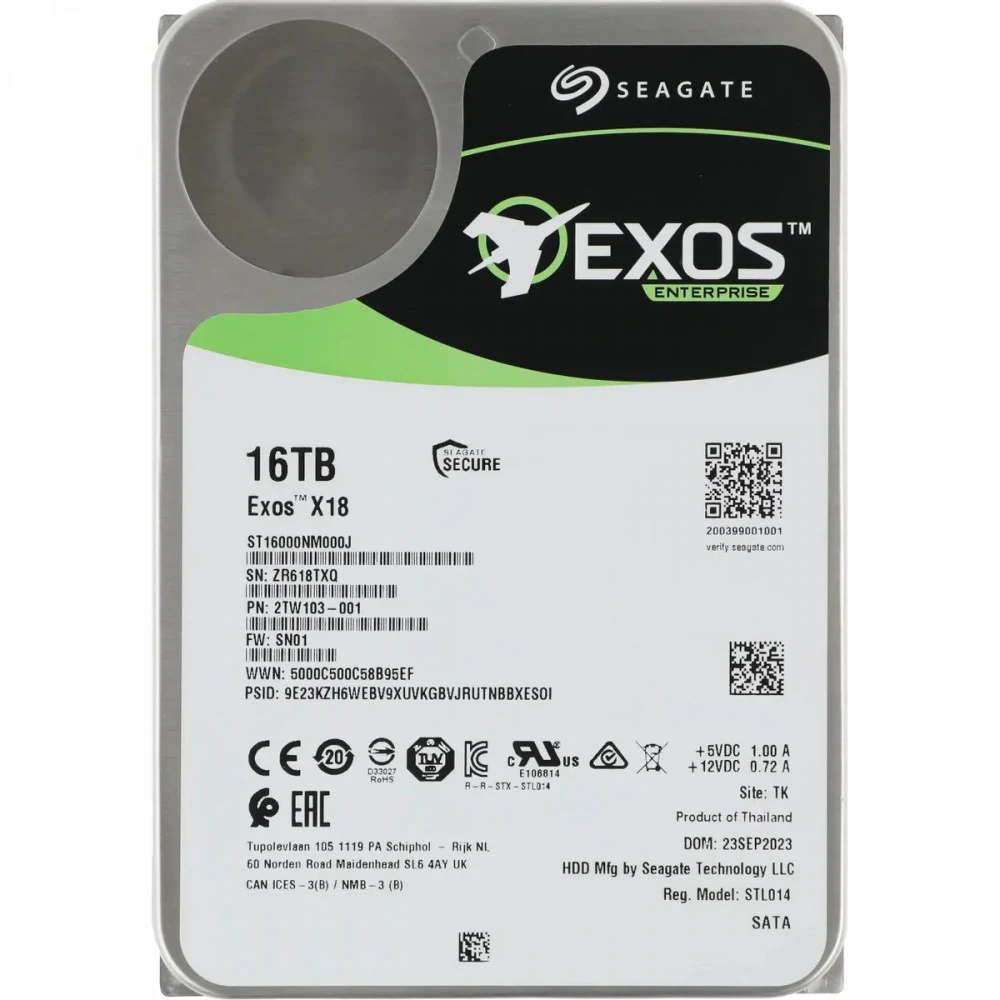 Жесткий диск SATA 16TB EXOS X18 7200RPM 6GB/S 256MB ST16000NM000J SEAGATE OFFICIAL FACTORY RECERTIFI