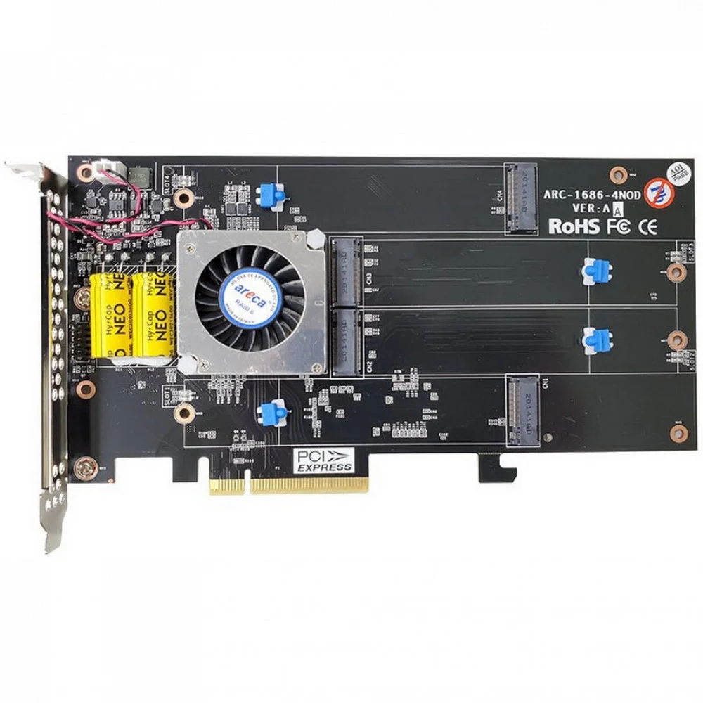 RAID-контроллер Areca ARC-1686-4NOD PCIe 4.0 x8 Full Height, 4 x M.2 Connector, Tri-mode interface at each M.2 bays - 12Gb/s SAS/SATA / Gen 4.0 PCIe (NVMe), RAID 0,1,10,JBOD, Hold-up Supercapacitor