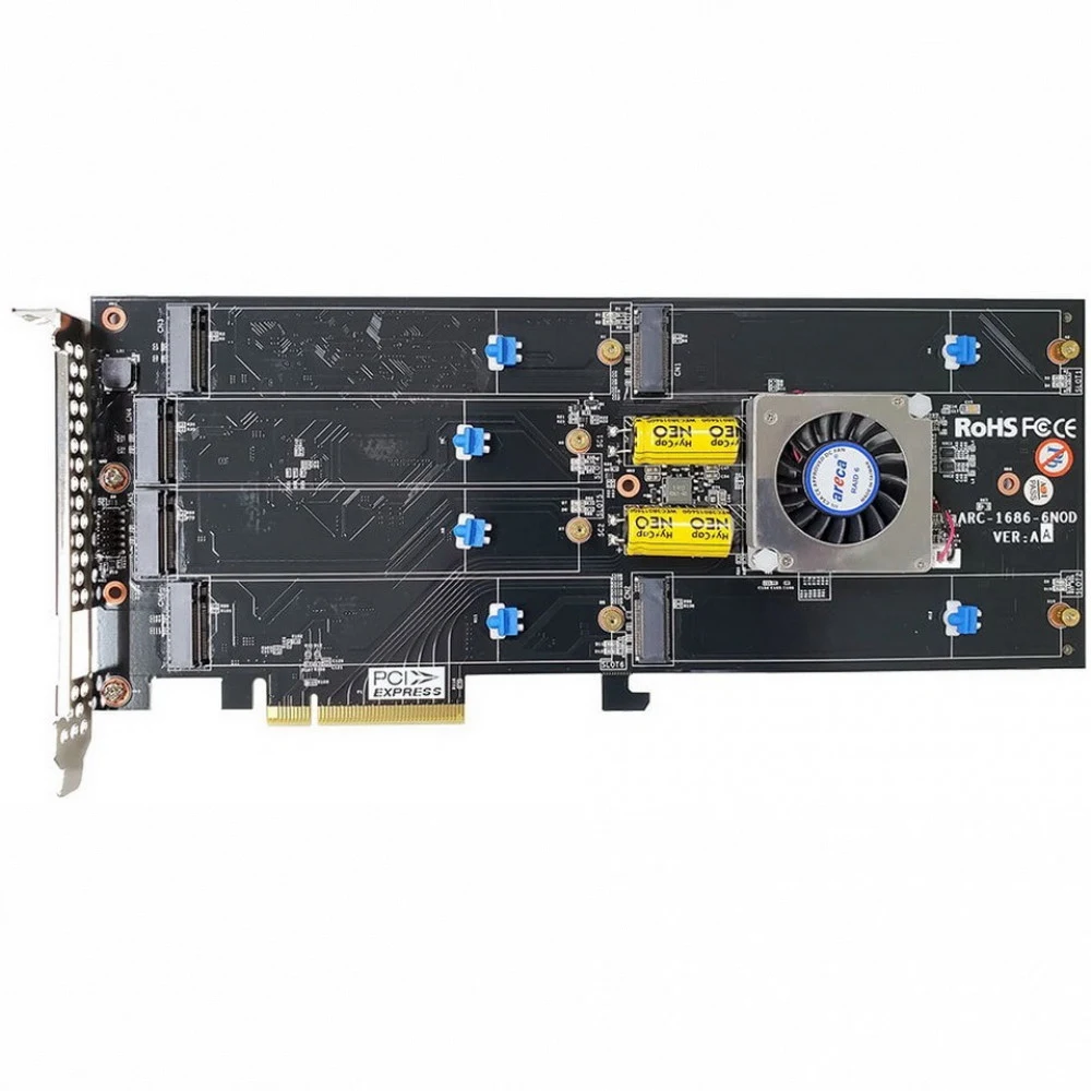 RAID-контроллер Areca ARC-1686-6NOD PCIe 4.0 x8 Full Height, 6 x M.2 Connector, Tri-mode interface at each M.2 bays - 12Gb/s SAS/SATA / Gen 4.0 PCIe (NVMe), RAID 0,1,10,JBOD, Hold-up Supercapacitor