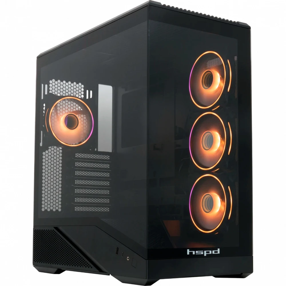 Корпус без блока питания/ Case HSPD F711, Panoramic Full Tower, Black, TG, 0.7 SPCC, 4x120mm ARGB (FN027) ATX, mATX, mITX 190/420/280mm 2x2.5", 2x3.5", 7xPCI 1xUSB-A 3.0, 1xUSB-C 445x235x475mm