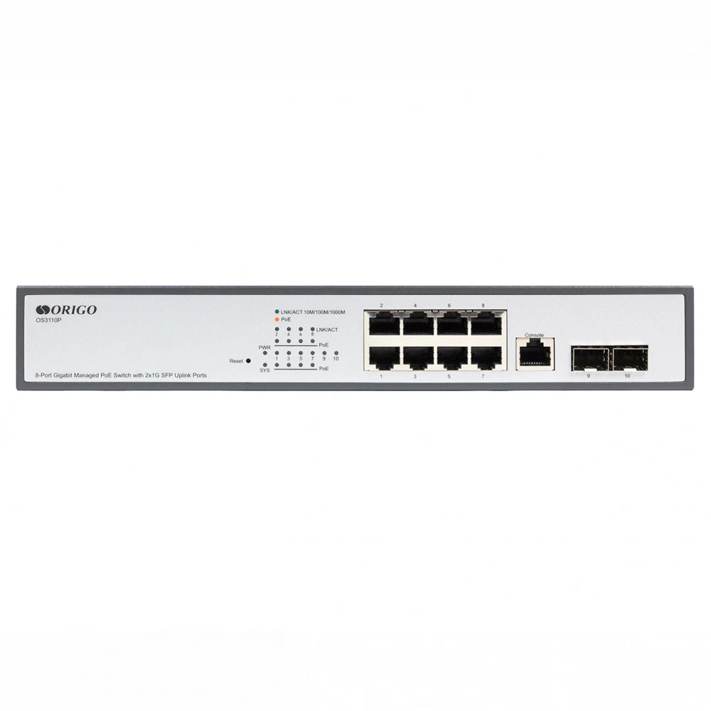 Коммутатор ORIGO Управляемый L2 PoE-коммутатор, 8x1000Base-T PoE, 2x1000Base-X SFP, PoE-бюджет 135 Вт, консольный порт RJ-45, комплект для установки в 19" стойку