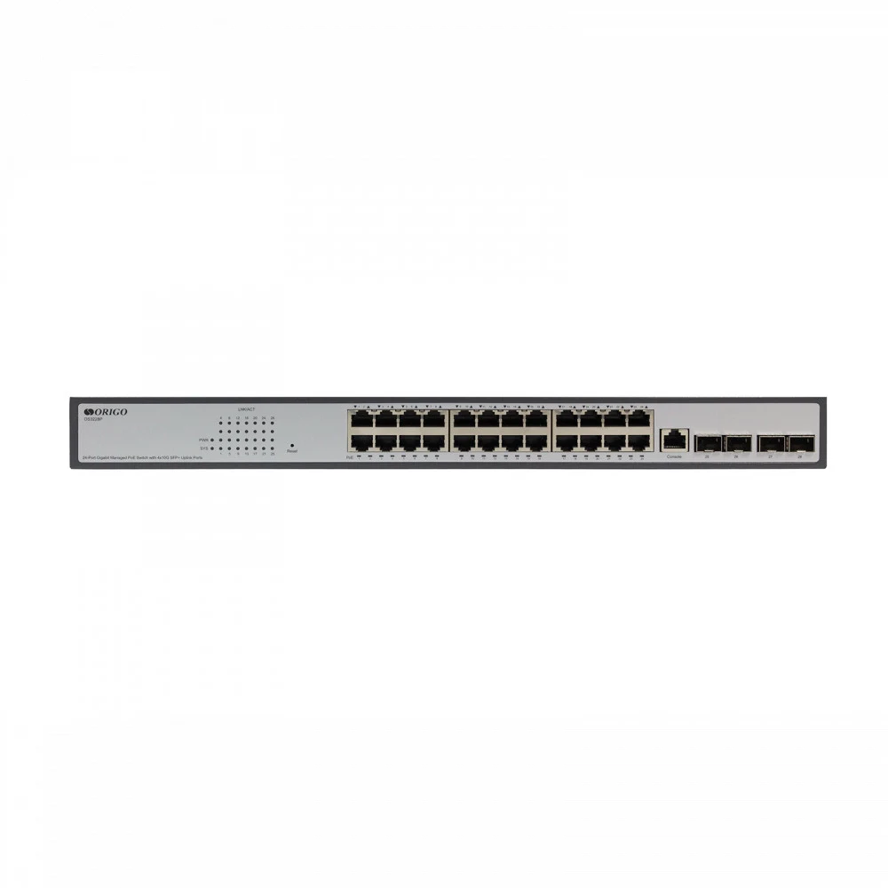 Коммутатор ORIGO Управляемый L3 PoE-коммутатор, 24x1000Base-T PoE, 4x10GBase-X SFP+, PoE-бюджет 250 Вт, консольный порт RJ-45, комплект для установки в 19" стойку