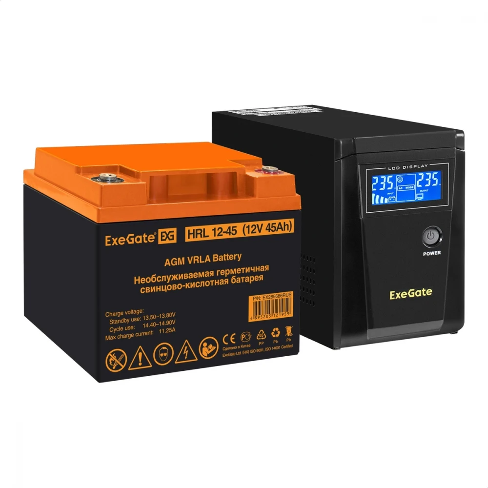 Комплект ИБП EX295986RUS + батарея 45Aч EX285666RUS 1шт (инвертор, синус, для котла) ExeGate SineTower SZ-600.LCD.AVR.1SH <600VA/360W, чистый синусоида, LCD дисплей, AVR, 1*Schuko, линейно-интеракти