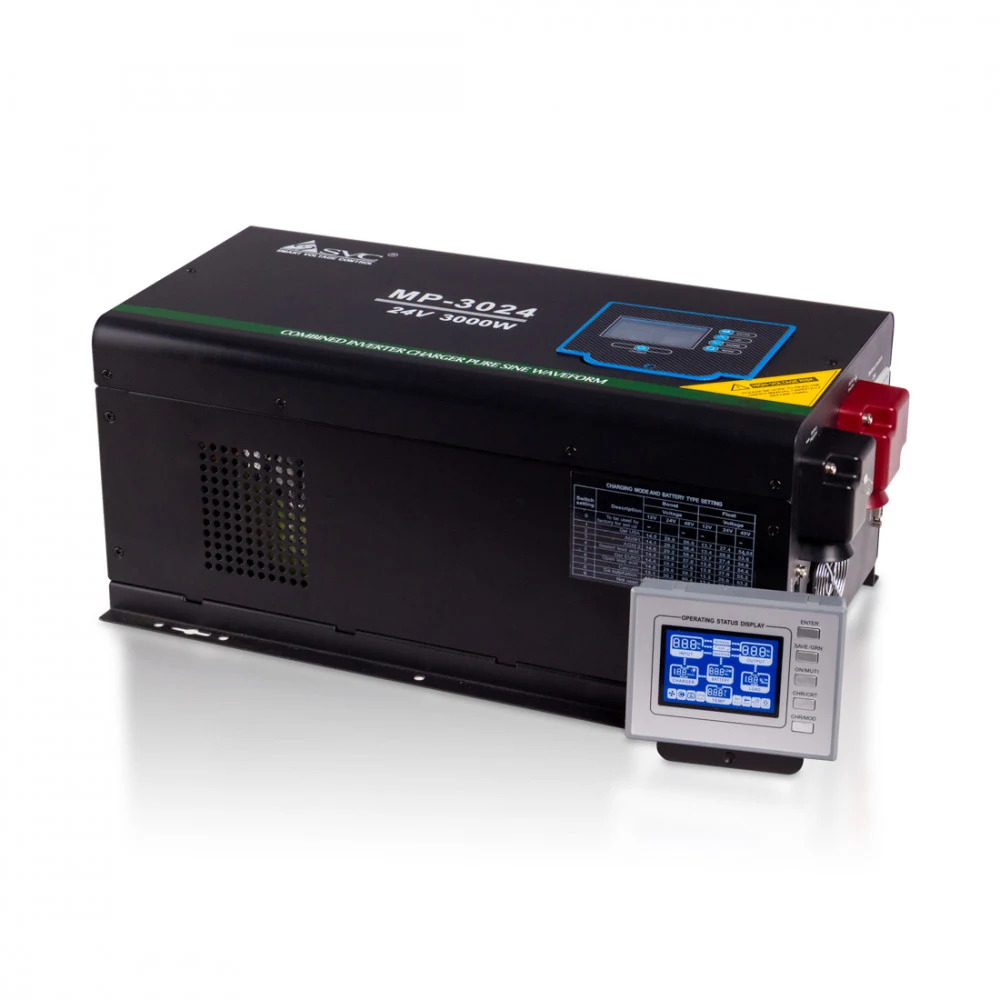 Инвертор, SVC, MP-3024, Мощность 3000ВА/3000Вт, Диапазон работы AVR: 100-290В (режим инвертора), 160-275В (режим ИБП), Вход 24В/220В, Выход 220В/230В, Чистая синусоида, Зарядный ток 45А(макс.), Врем