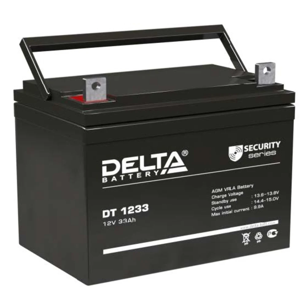 Аккумуляторная батарея Delta DT 1233 12В/33Ач, клемма Болт + гайка Ø 6 мм / Болт М6 (197х130х159мм (175мм) 10,1кг Срок