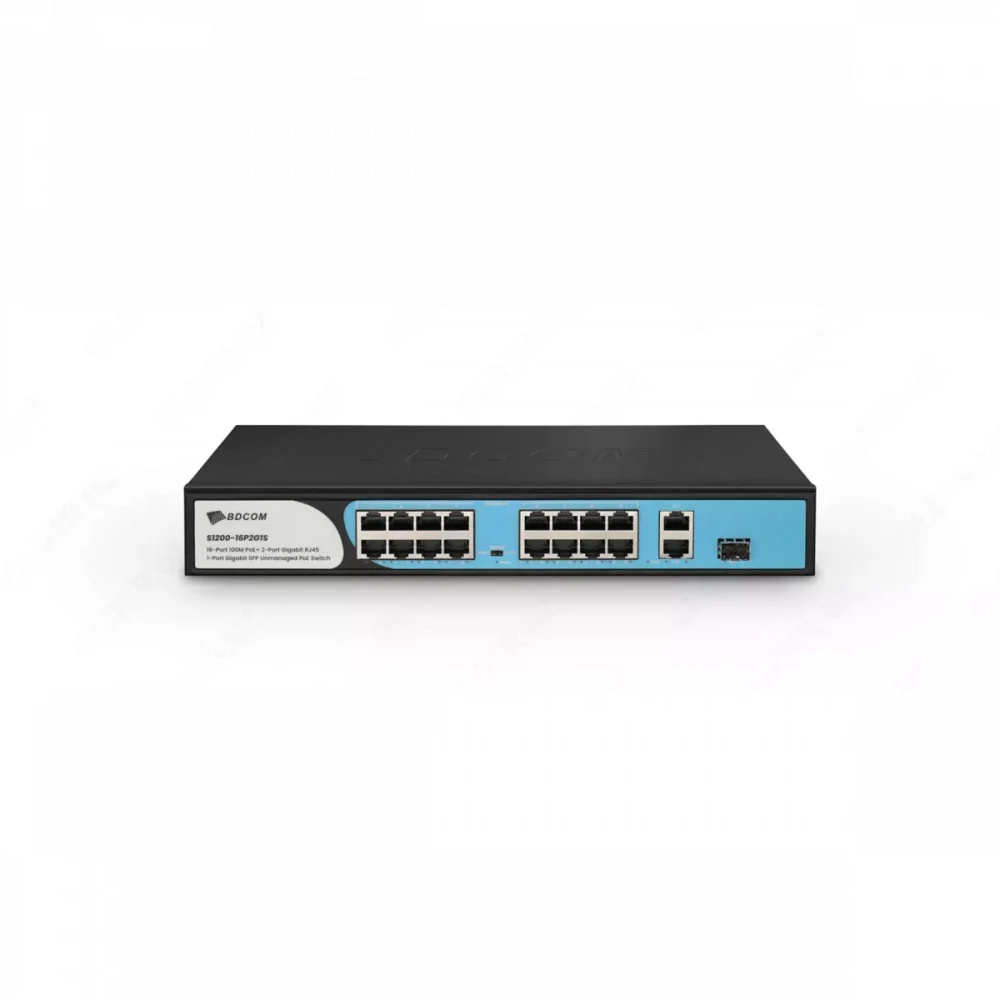 Коммутатор, BDCOM, S1200-16P2G1S, Неуправляемый, 16 портов PoE (180W) 10/100M RJ45, 2 порта 10/100/1000M RJ45, 1 порт SFP, Стоечный