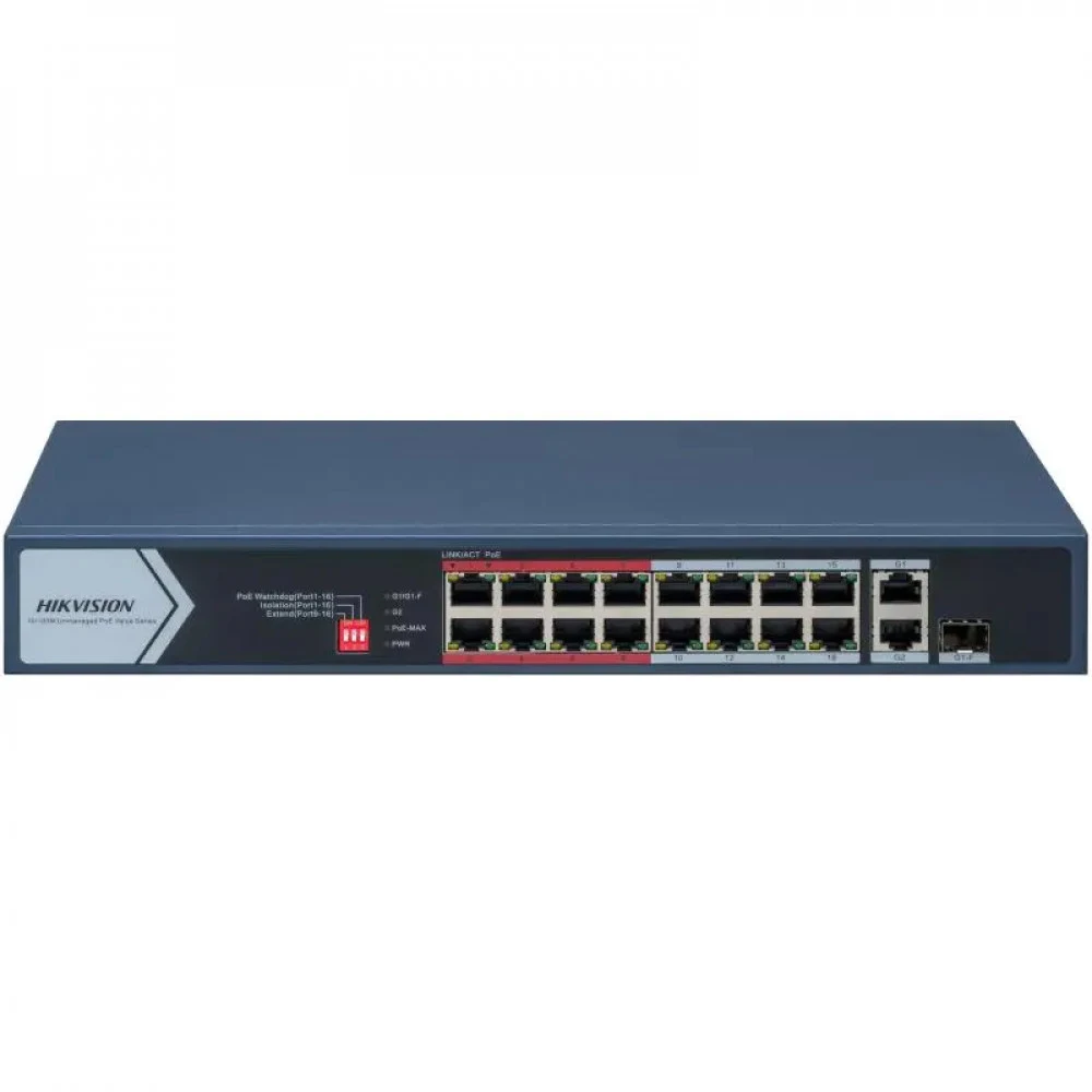PoE Сетевой коммутатор | Интерфейс: PoE 16×RJ45 10/100Мбит/с / Uplink 1×RJ45 1Гбит/с / Uplink Combo 1×RJ45 1Гбит/с + 1×SFP 1Гбит/с | PoE Стандарт: IEEE 802.3af / IEEE 802.3at | Скорость коммутации: