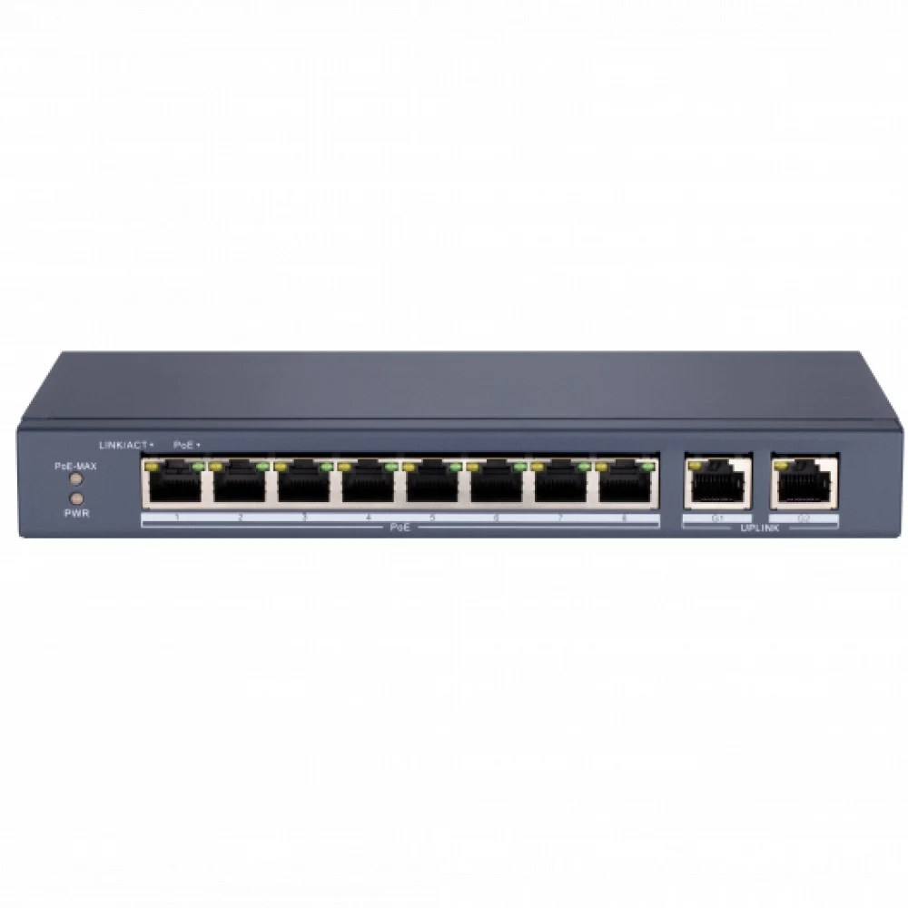 PoE Сетевой коммутатор | Интерфейс: PoE 8×RJ45 10/100Мбит/с / Uplink 2×RJ45 10/100/1'000Мбит/с | Протокол: IEEE 802.3 / 802.3u / 802.3x / 802.3z / 802.3ab | PoE Стандарт: IEEE 802.3af / IEEE 802.3at