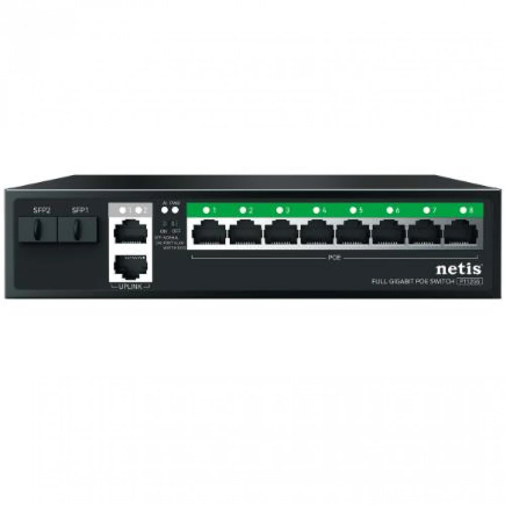 Netis P112GS Коммутатор неуправляемый PoE+, 10 портов, 10x1 Гбит/с, PoE+ 8х30 Вт (до 120Вт), SFP 2*1 Гбит/с