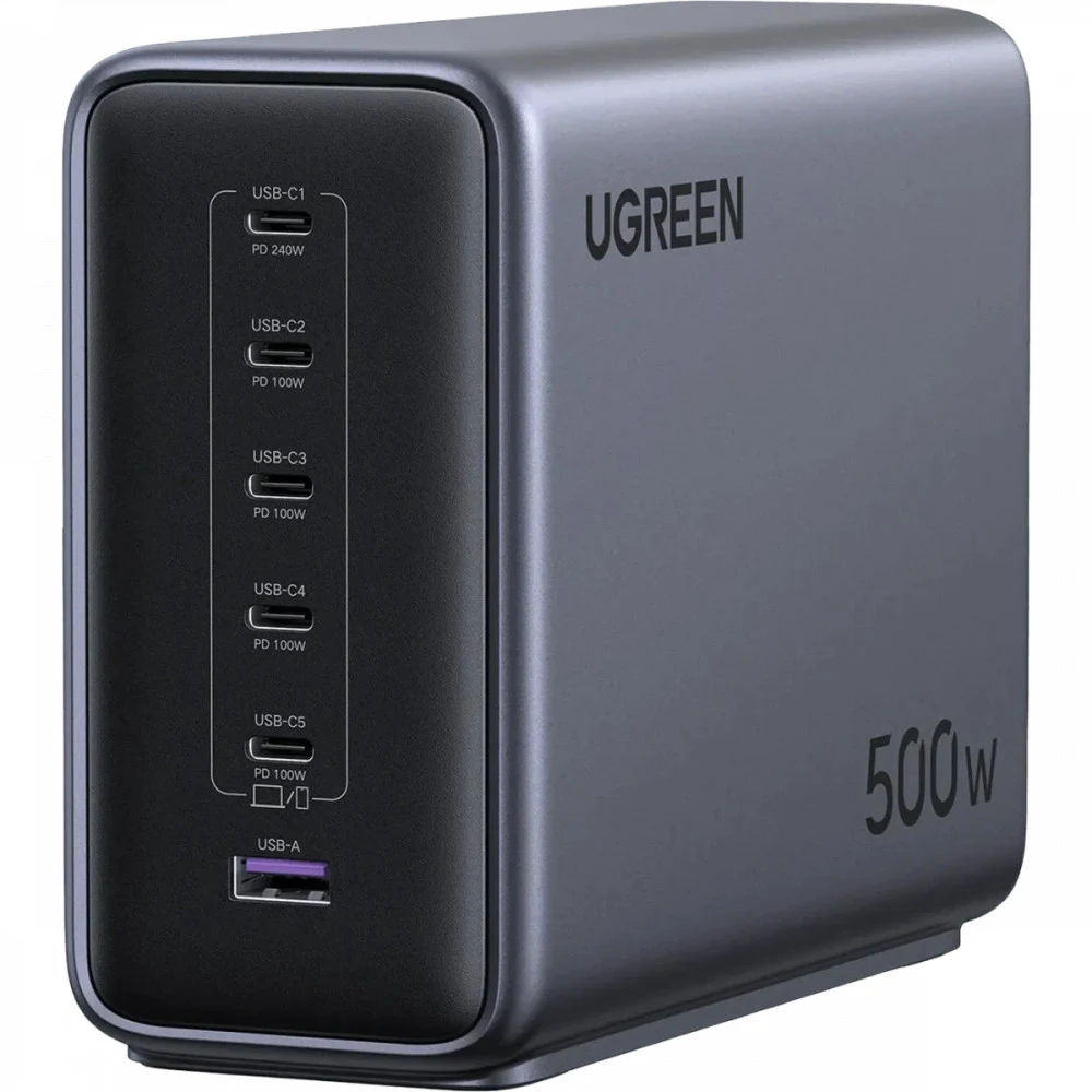 Сетевое зарядное устройство UGREEN X759 (55550B) 500W 6-Port 1*USB-A&5*USB-C GaN Desktop Fast Charger EU: серый космос