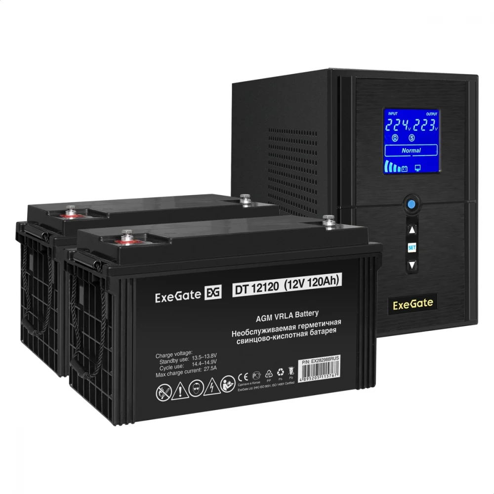 Комплект ИБП EX295987RUS + батарея 120Aч EX282988RUS 2шт (инвертор, синус, для котла) ExeGate SineTower SZ-1000.LCD.AVR.2SH.1C13.USB <1000VA/800W, чистый синусоида, LCD дисплей, AVR, 2*Schuko+1*C13,