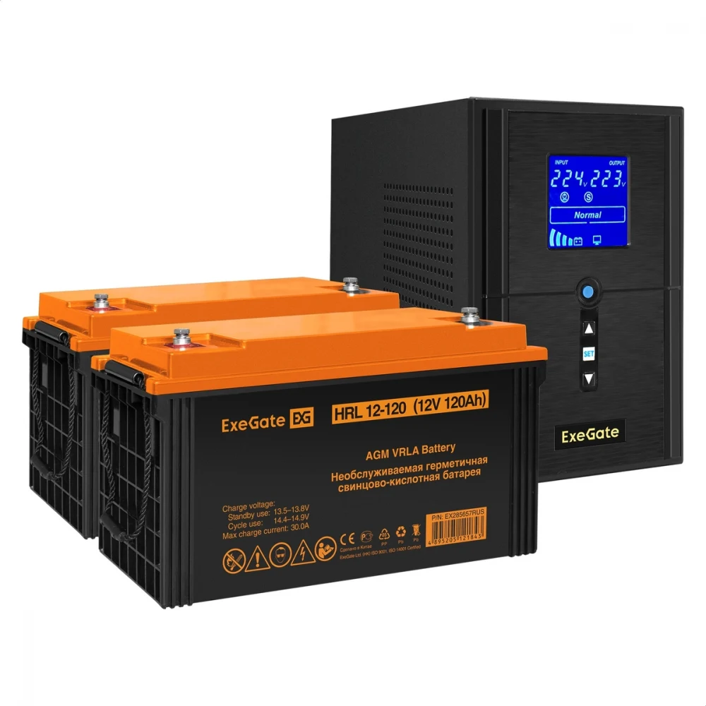 Комплект ИБП EX295987RUS + батарея 120Aч EX285657RUS 2шт (инвертор, синус, для котла) ExeGate SineTower SZ-1000.LCD.AVR.2SH.1C13.USB <1000VA/800W, чистый синусоида, LCD дисплей, AVR, 2*Schuko+1*C13,