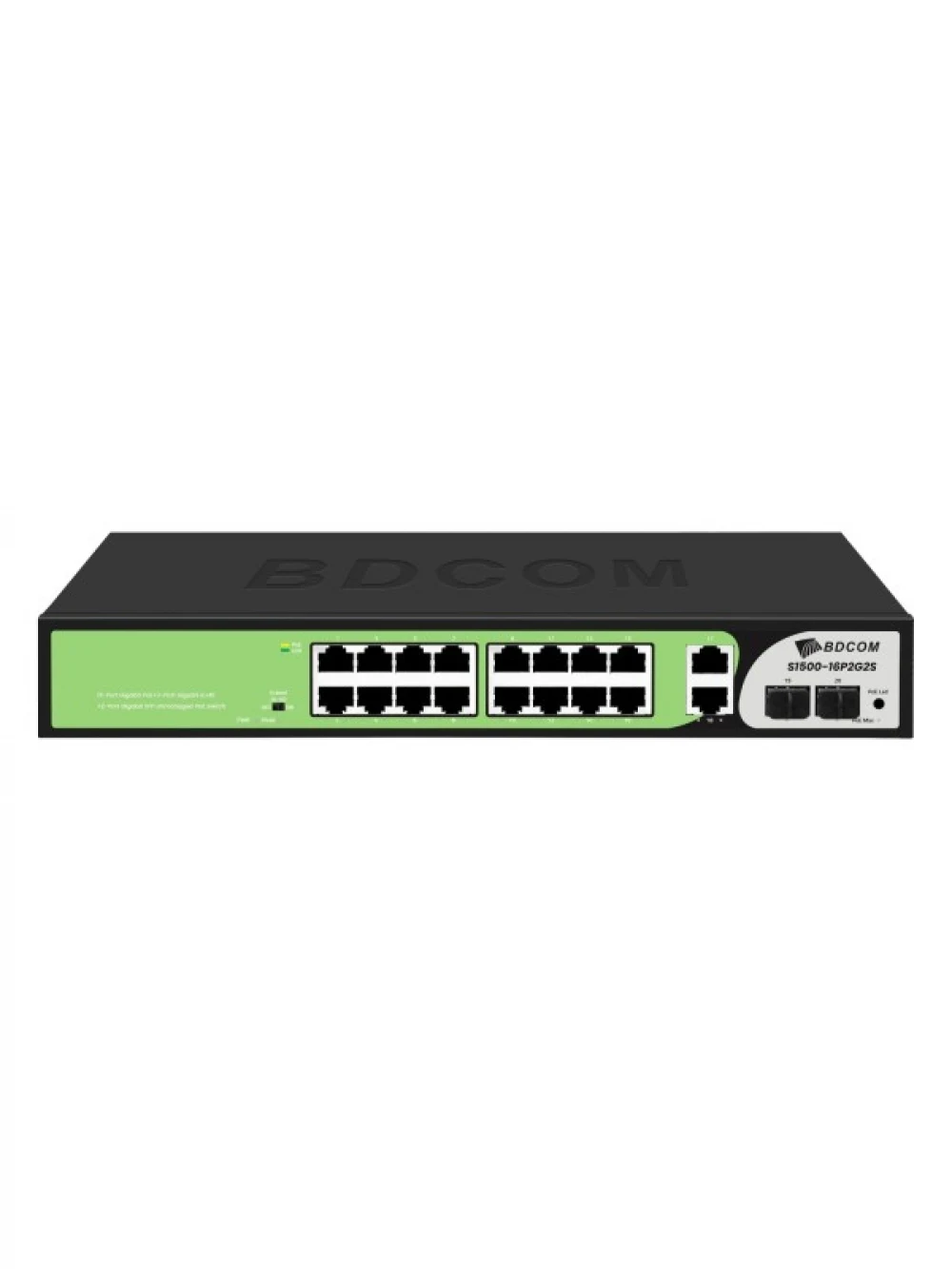 Коммутатор, BDCOM, S1500-16P2G2S, Неуправляемый, 16 портов PoE (180W) 10/100/1000M RJ45, 2 порта 10/100/1000М, 2 порта SFP, Стоечный