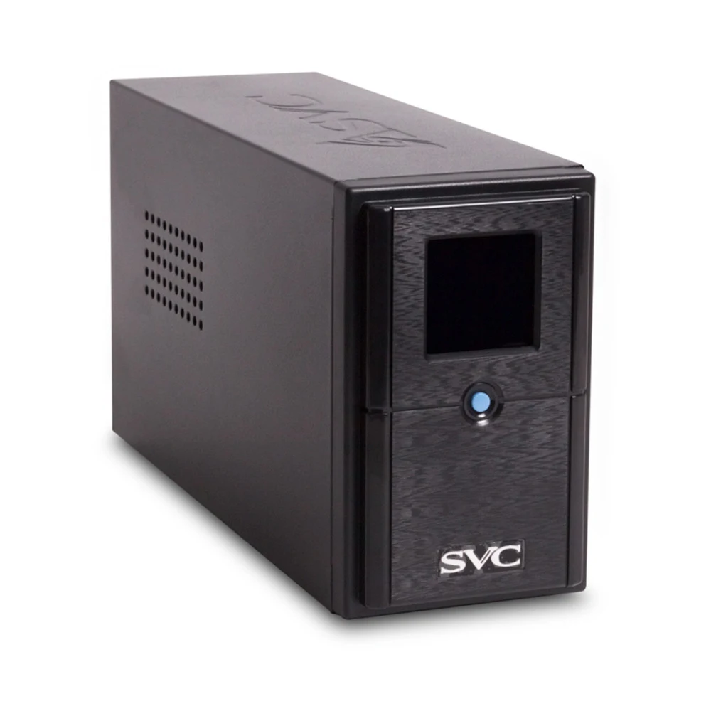 ИБП, SVC, V-600-L-LCD (600ВА / 360Вт), Диапазон работы AVR: 165-275В, AVR в режиме Booster: 138-292В, Бат.: 12В/7.5 Ач*1шт., 3 вых.: 2 Shuko CEE7+1 IEC C13 (Bypass), Чёрный Устройство, позволяющее п