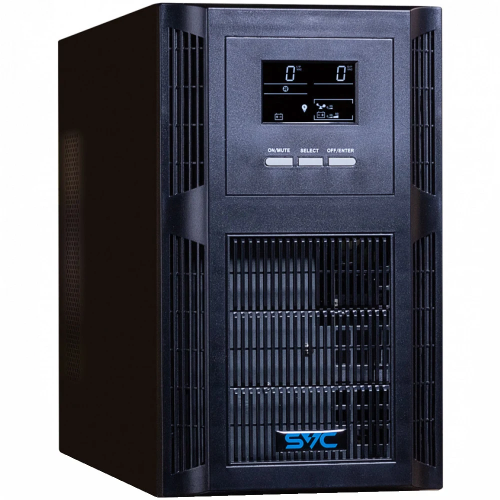 Источник бесперебойного питания ИБП SVC, PT-3K-LCD, Мощность 3000ВА/2400Вт, PT-серия, On-Line, LCD\RS-232, SMART, Диапазон работы AVR: 115-300В, Бат.: 12В/9Ач*6шт., Вентилятор: 8см*2шт., 3 вых Shuko