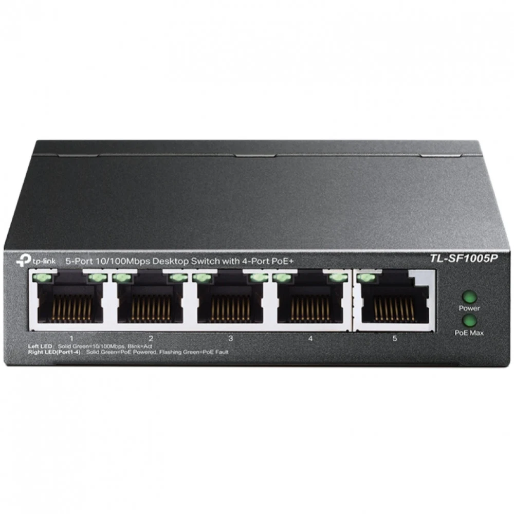 Коммутатор TP-LINK TL-SF1005P 5-портовый 10/100 Мбит/с настольный коммутатор с 4 портами PoE, 5 портов RJ45 10/100 Мбит/с, включая 4 порта PoE, бюджет PoE до 58 Вт, стальной корпус {12} (083199)