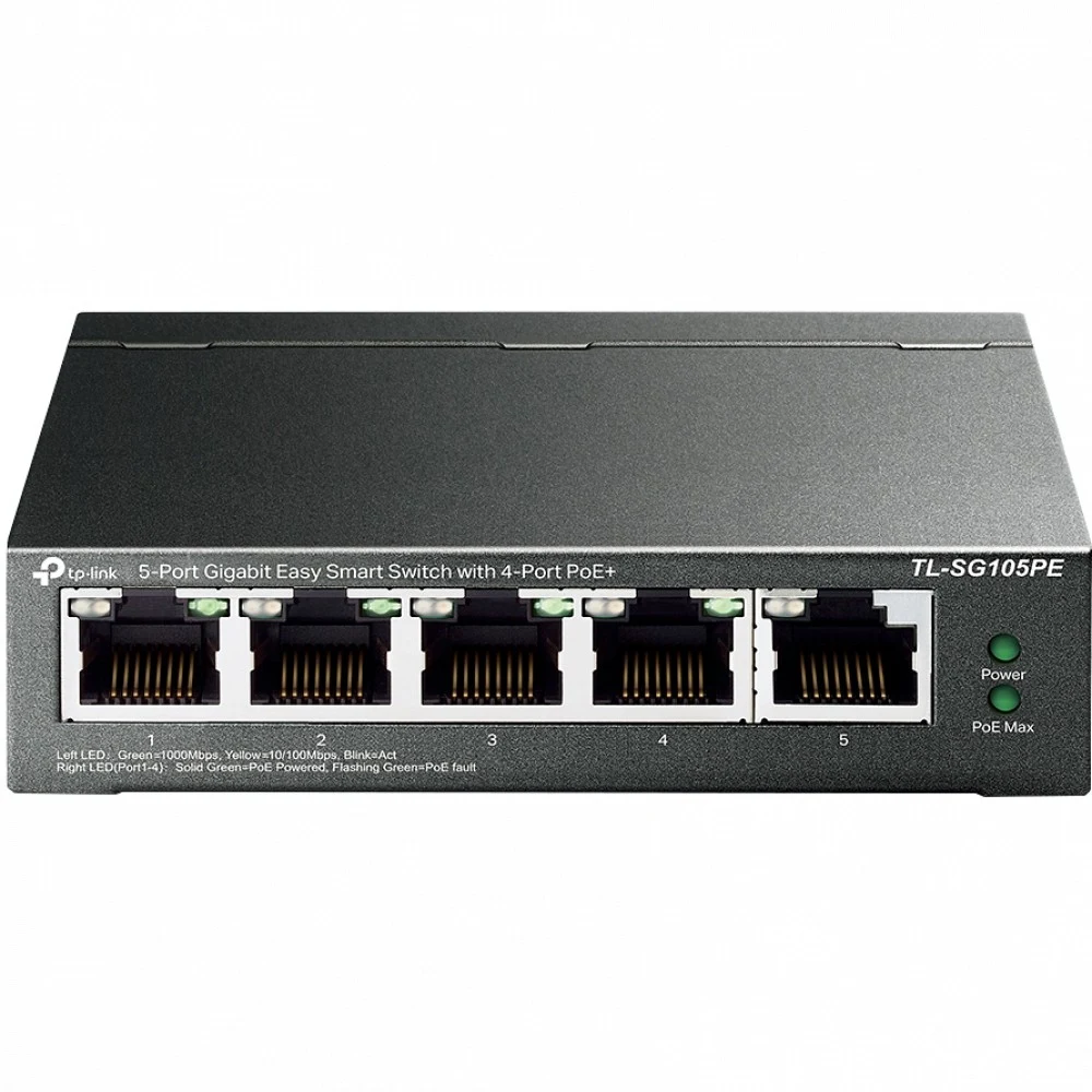 Коммутатор TP-LINK TL-SG105PE Easy Smart гигабитный 5-портовый коммутатор с 4 портами PoE+, металлический корпус, настольная установка, бюджет PoE — 65 Вт, поддержка 802.1q VLAN, приоритизация (QoS)
