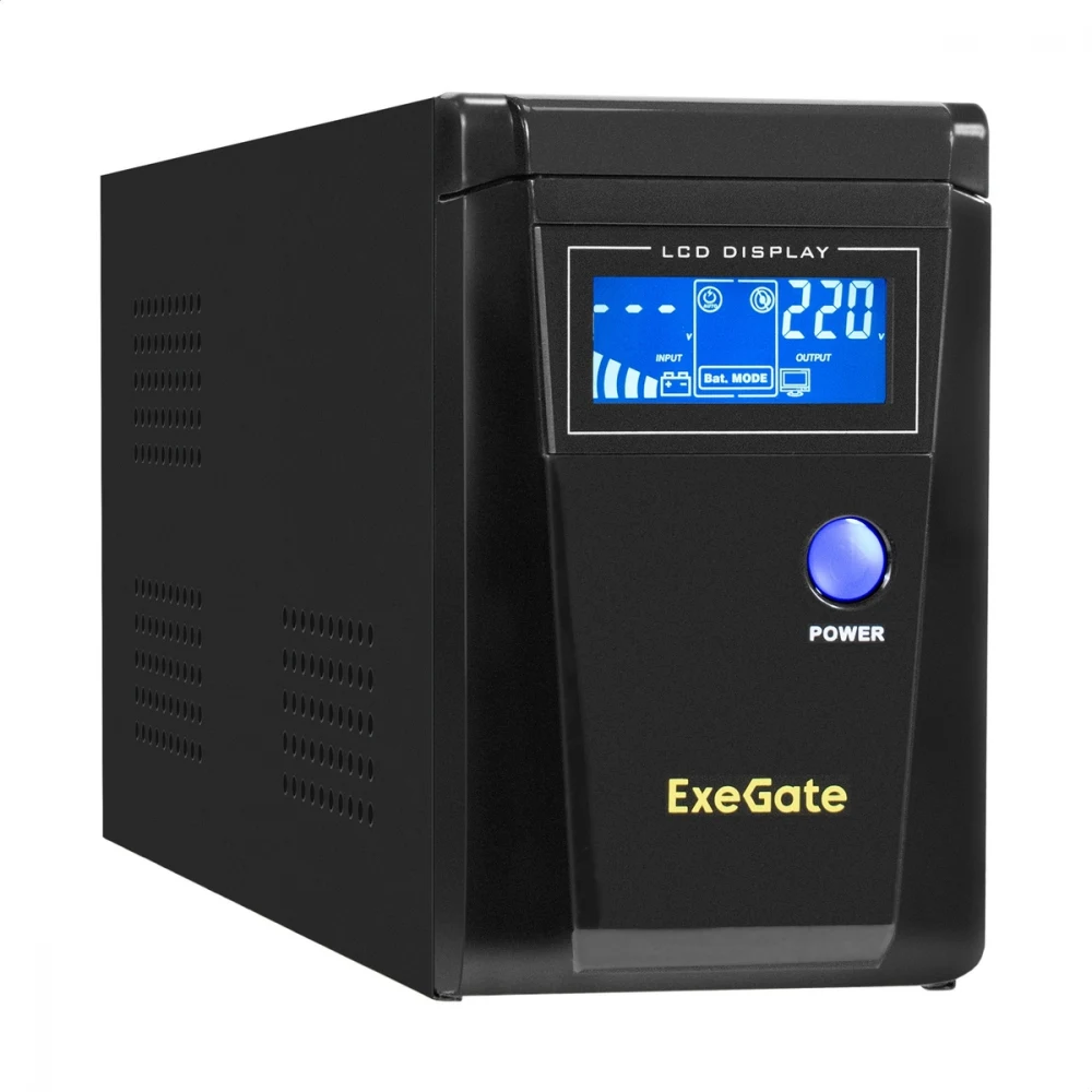 ИБП (инвертор, синус, для котла) ExeGate SineTower SN-600.LCD.AVR.2SH (600VA/360W, чистая синусоида, LCD дисплей, AVR, 2*EU/Тип F(Schuko), батарея 12V 7.2Ah, линейно-интерактивный, Black)