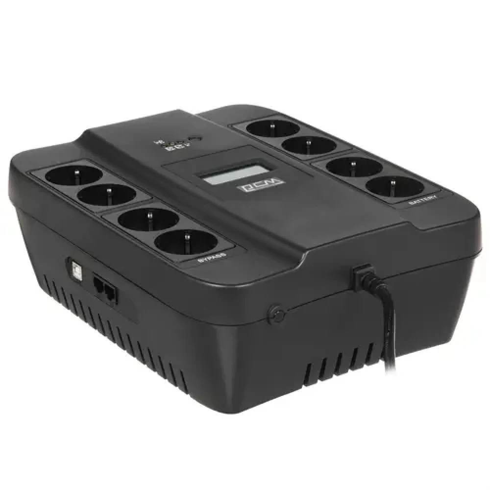 ИБП SPD-1100U LCD, линейно-интерактивный, цифровой дисплей, 1100 ВA, 605 Вт, 4 евророзетки с резервным питанием, 4 евророзетки с фильтрацией, USB, защита RJ45/RJ11, батарея свинцово-кислотная 12В 9А