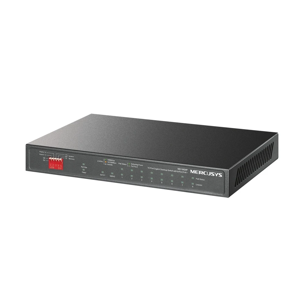 Mercusys MS110GMP Настольный коммутатор с 10 портами 1 Гбит/с (8 портов PoE+), PoE 8x30Вт (до 111 Вт), стальной