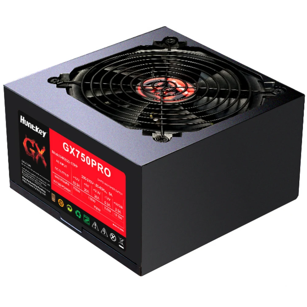 Блок питания, Huntkey, GX 750PRO, 750W, ATX 3.0, Bronze, APFC, 20+4 pin, 2*4+4pin, 4*Sata, 2*Molex, 3*PCI-E 6+2 pin, Вентилятор 12см, Кабель питания, Чёрный