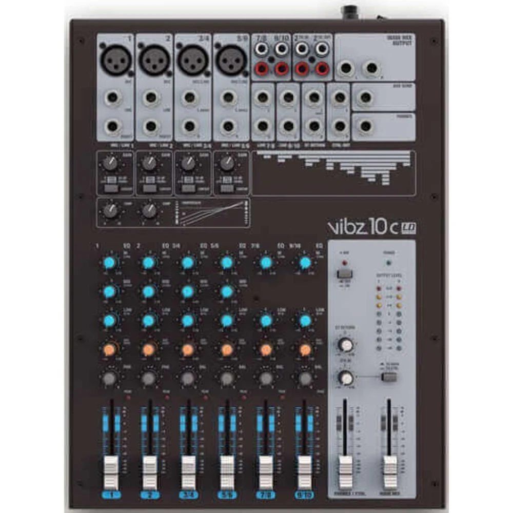 LD SYSTEMS Микшер LDVIBZ10C, Микшерный пульт на 10 каналов. 4 микрофонных входа, 4 линейных стерео входа, 2 стереоканала с 2-полосным эквалайзером, имеет 10 точно работающих 3-полосных эквалайзера,