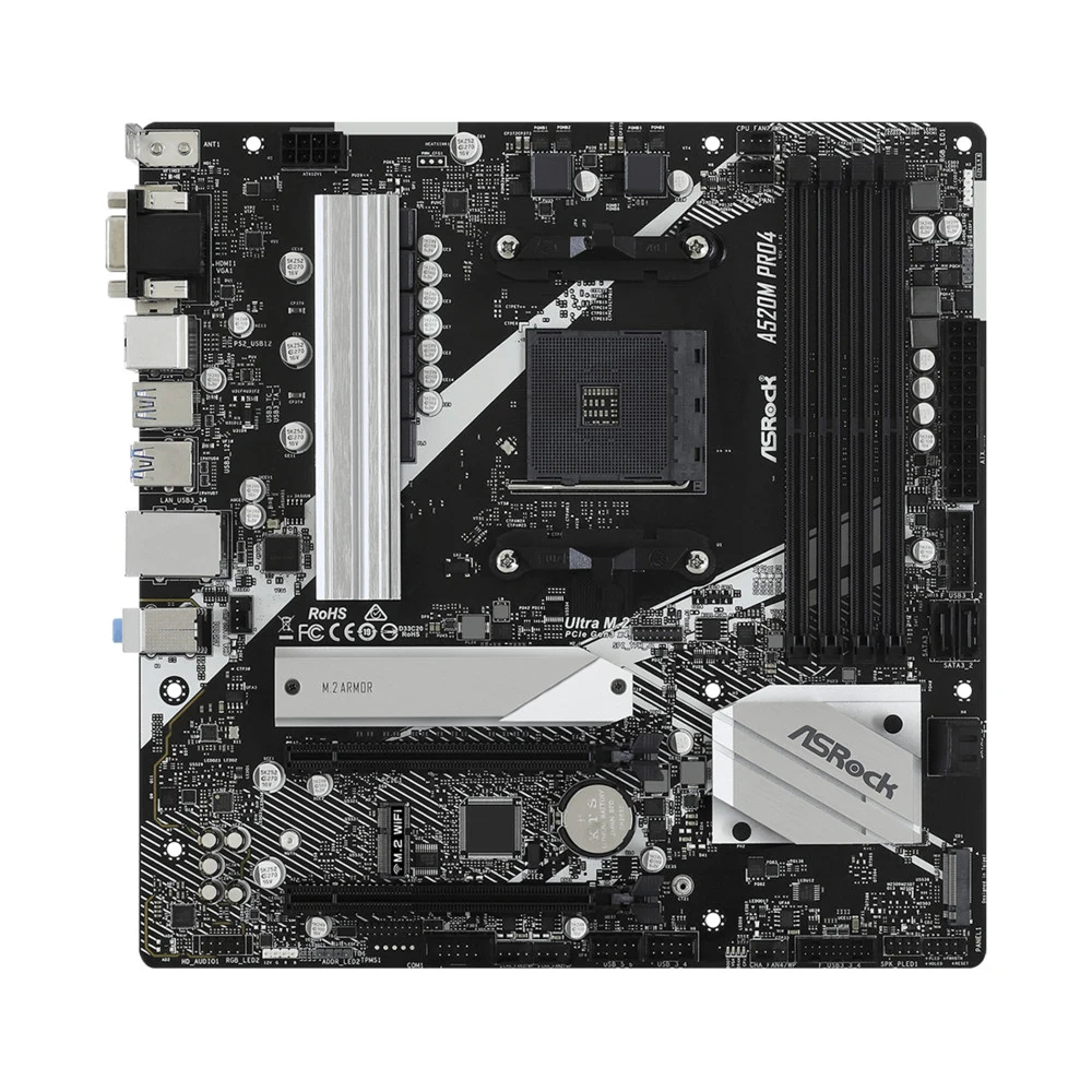 Материнская плата ASRock A520M PRO4, Socket AM4, AMD A520, 4xDDR4-3200, D-SUB+HDMI+DP, 2xPCI-Ex16, 4xSATA3(RAID 0/1/10), 2xM.2, 8 Ch Audio, GLan, (2+4)xUSB2.0, (5+2)xUSB3.2, (1+0)xUSB3.2 Type-C™, 1x