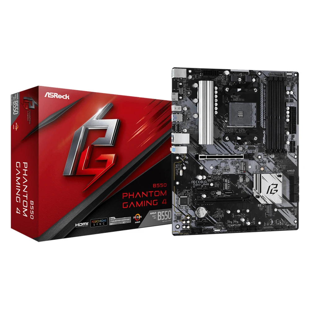 Материнская плата ASRock B550 PHANTOM GAMING 4, Socket AM4, AMD B550, 4xDDR4-3200, HDMI, 2xPCI-Ex16, 2xPCI-Ex1, 6xSATA3(RAID 0/1/10), 2xM.2, 8 Ch Audio, 1xGLan, (0+4)xUSB2.0, (6+2)xUSB3.2, 1xPS/2, A