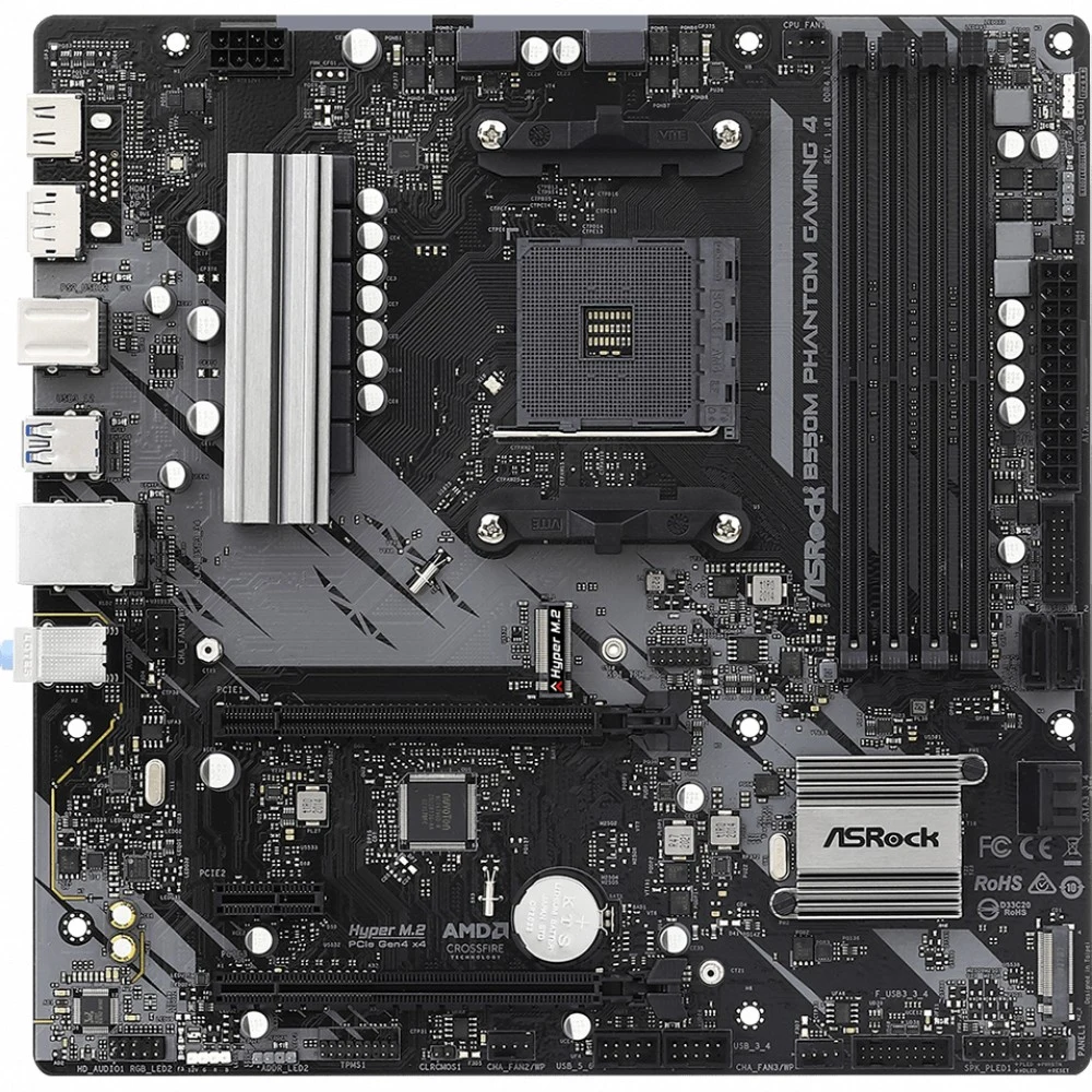 Материнская плата ASRock B550M PHANTOM GAMING 4, Socket AM4, AMD B550, 4xDDR4-3200, HDMI+DP, 2xPCI-Ex16, 1xPCI-Ex1, 4xSATA3(RAID 0/1/10), 2xM.2, 8 Ch Audio, 1xGLan, (2+4)xUSB2.0, (4+4)xUSB3.2, 1xPS/