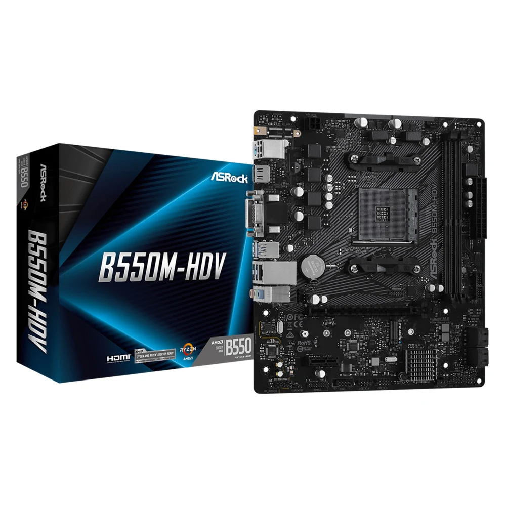 Материнская плата ASRock B550M-HDV, Socket AM4, AMD B550, 2xDDR4-3200, D-SUB+DVI-D+HDMI, 1xPCI-Ex16, 1xPCI-Ex1, 4xSATA3(RAID 0/1/10), 1xM.2, 8 Ch Audio, 1xGLan, (2+4)xUSB2.0, (4+2)xUSB3.2, 1xPS/2, m