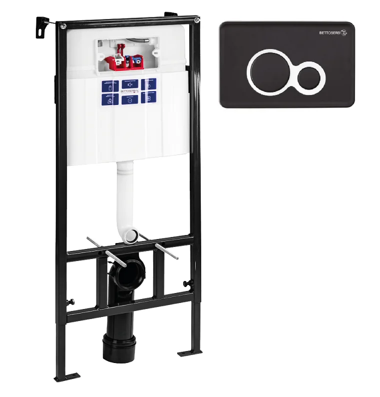 Инсталляция для унитаза BETTOSERB SAVA SLIM SUPERIOR SES40006461 с клавишей смыва DUO черный матовый/хром Инсталляция для унитаза BETTOSERB SAVA SLIM SUPERIOR SES40006461 с клавишей смыва DUO черный матовый/хром