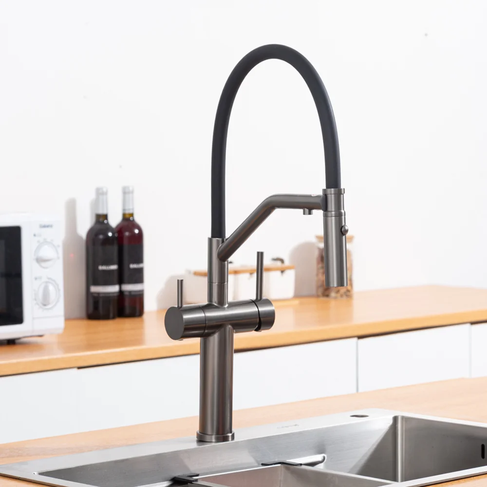 Смеситель для кухни GAPPO G4399-89 с гибким изливом и подключением фильтра, оружейная сталь — Изображение 3