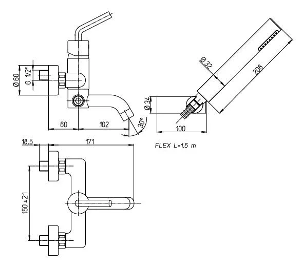 Смеситель для ванны Paini Pixel 81CR100 с душевым гарнитуром Смеситель для ванны Paini Pixel 81CR100 с душевым гарнитуром