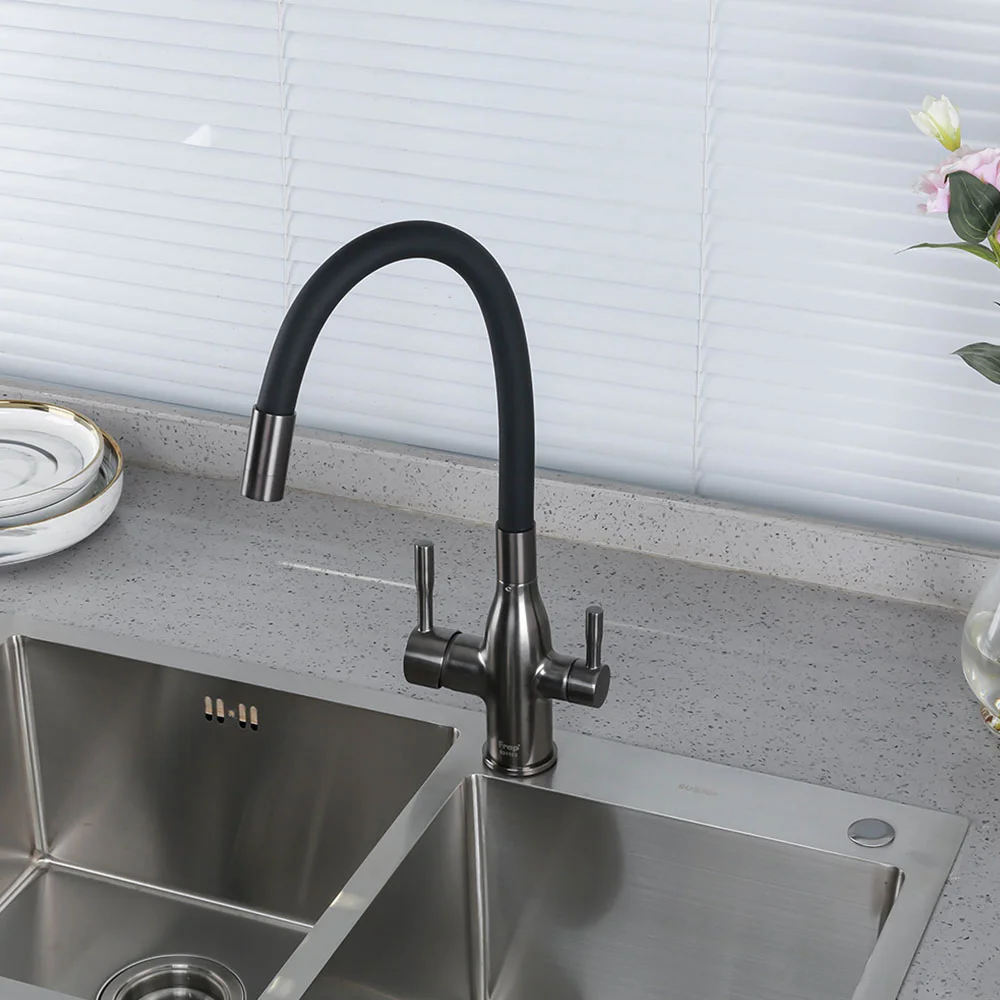 Смеситель для кухни FRAP F4396-15 с гибким изливом и подключением фильтра, оружейная сталь — Изображение 3
