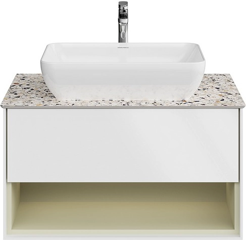 Тумба под раковину Kerama Marazzi Plaza Modern KMPMCb80MSg1 подвесная 80, нажимное открывание, подсветка, белая матовая+шалфей — Изображение 2