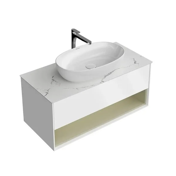 Тумба под раковину Kerama Marazzi Plaza Modern KMPMCb100MSg1 подвесная 100, нажимное открывание, подсветка, белая матовая+шалфей — Изображение 3