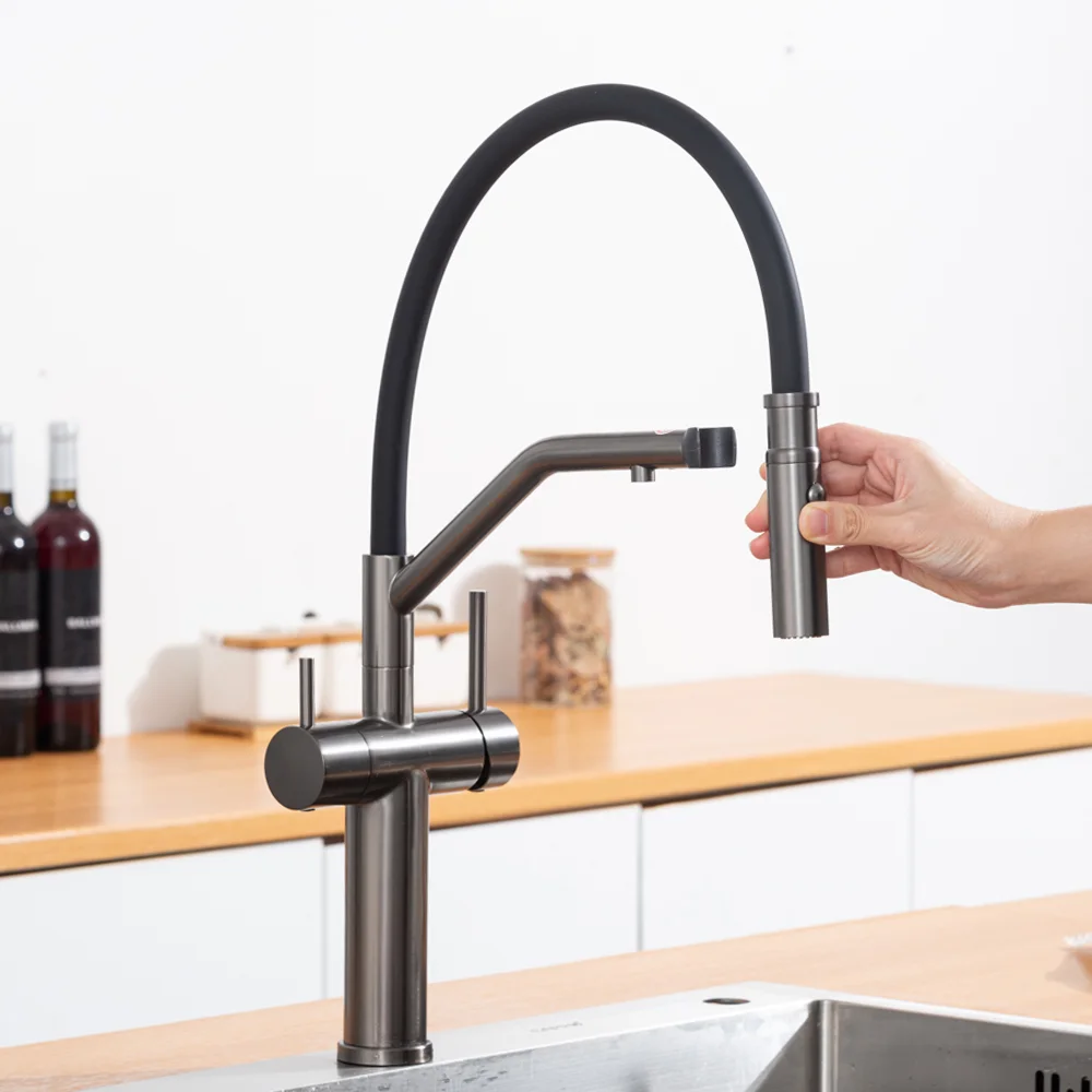Смеситель для кухни GAPPO G4399-89 с гибким изливом и подключением фильтра, оружейная сталь — Изображение 4