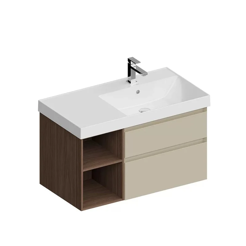 Тумба под раковину Kerama Marazzi CUB.90.2Rh\LIM.N подвесная Cubo правая с ящиками 90, лимо матовая-древесная — Изображение 3