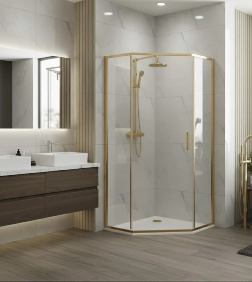 Душевой уголок Cerama Lux CL1006-100 Matt Gold профиль матовое золото, стекло прозрачное 1000x1000 мм — Изображение 1